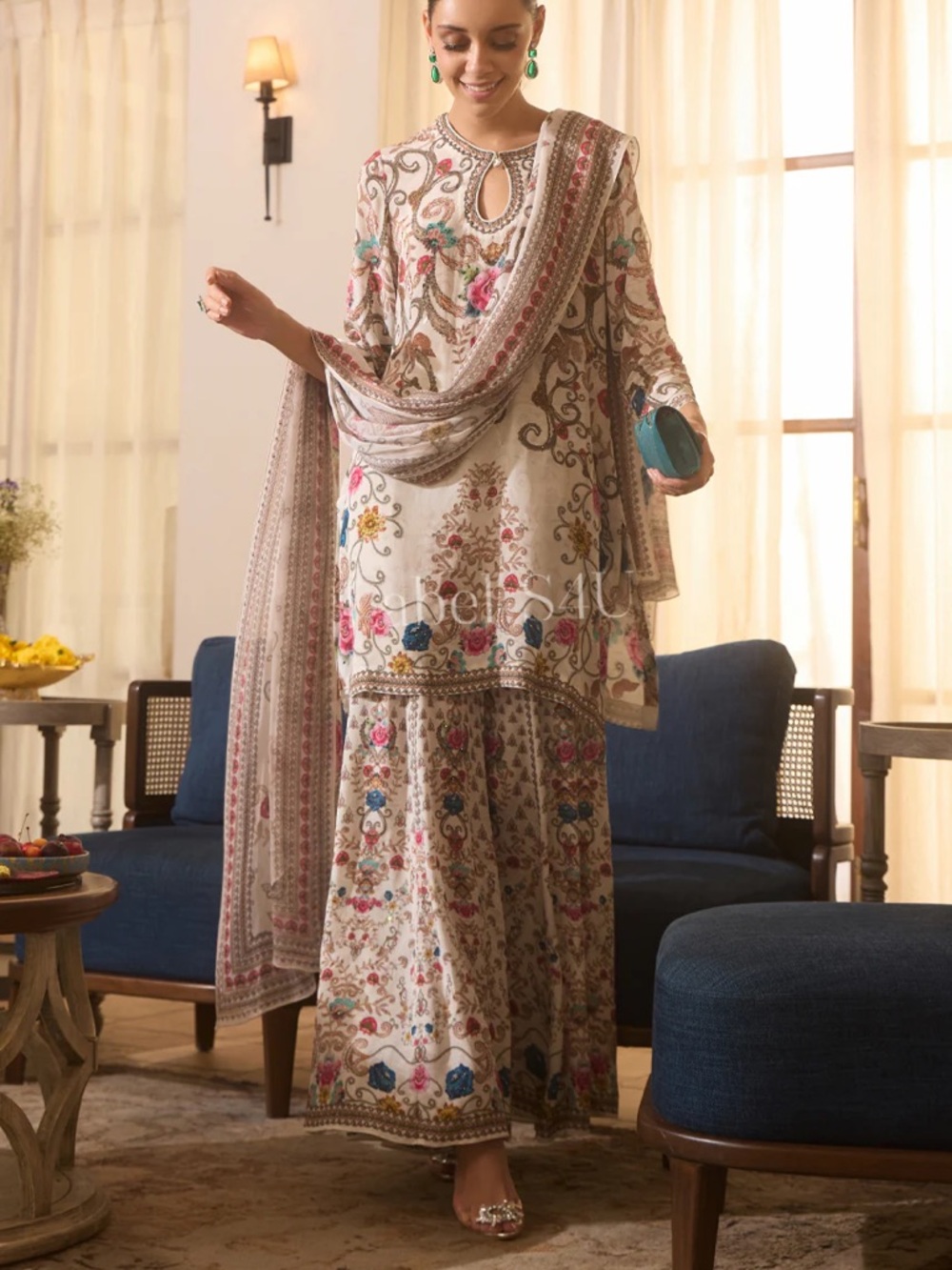 Embroidered Floral Cream Pakistani Dress with Dupatta
